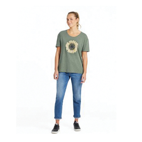 Life Is Good QKTUFO-L Slub T-Shirt, L, Cotton, Moss Green, Detailed Sunflower, Crew Neck, Short Sleeve, Relaxed Fit - 4