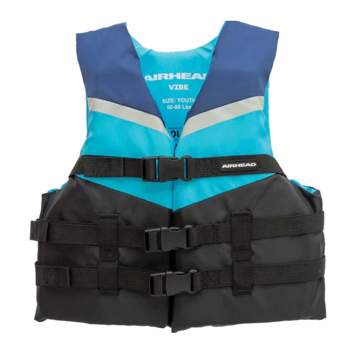 Airhead 30053-03-A-BL Type III Youth Vibe Life Jacket Vest, Polyester Outer, Black/Blue/Gray, Buckle - 4