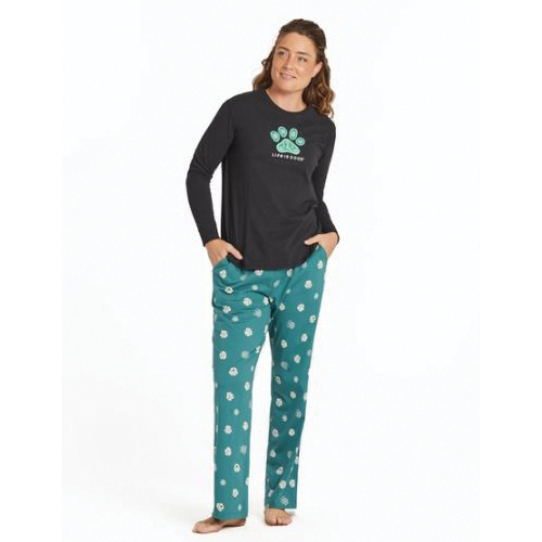 Life Is Good KIRP9S-M Snuggle Up Sleep Pant, M, Holiday Paw, Cotton, Spruce Green, Drawcord - 5