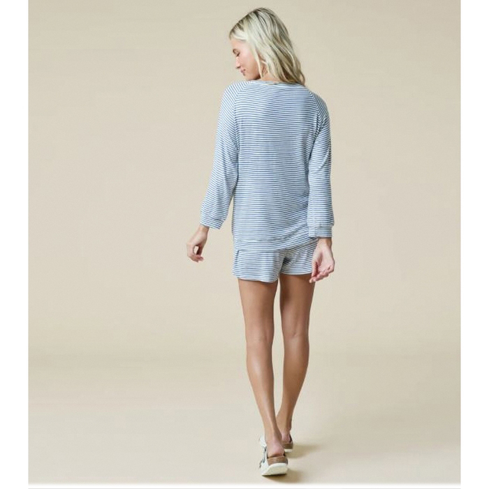 Softies Dream Series 2200-4-INDWT-XS Top and Shorts Set, XS, Stripe, Polyester/Spandex, Indigo/White, Boat Neck - 4