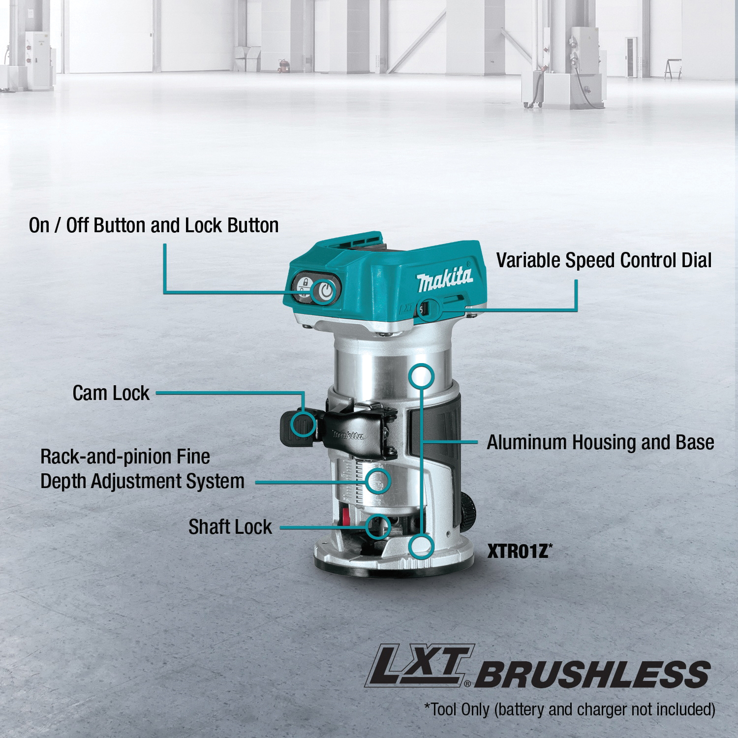 Makita XTR01Z Compact Router, 18 V, 10,000 to 30,000 rpm Spindle - 5