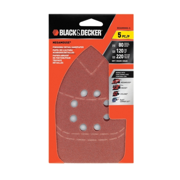 Black+Decker BDAMMMX-5 Sanding Sheet, 4.06 in W, 4-3/8 in L, 80, 120, 220 Grit, Aluminum Oxide Abrasive - 2