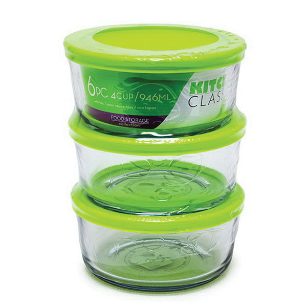 Libra 195-10825LIB Series Food Container with Cover, Round, Includes: (3) 4-Cup Round Storage with Lids, Green, Glass - 2