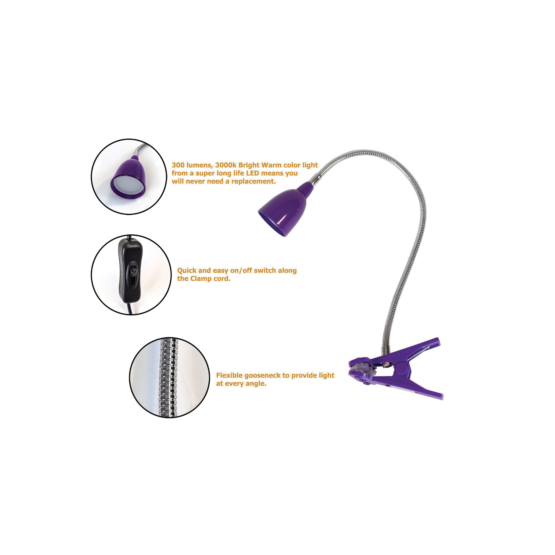 Newhouse Lighting NHCLP-LED-PUR Desk Lamp, 3 W, LED Lamp, 300 Lumens, 3000 K Color Temp, Purple - 2