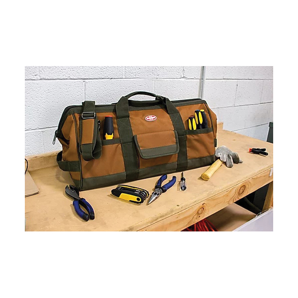 Bucket Boss Gatemouth Series 60024 Tool Bag, 24 in W, 10 in D, 10 in H, 36-Pocket, Poly Ripstop, Brown/Green - 2