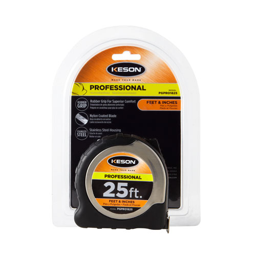 Keson PROFESSIONAL Series PGPRO1825V Tape Measure, 25 ft L Blade, 1 in W Blade, Steel Blade, ABS Case, Black/Orange Case - 3