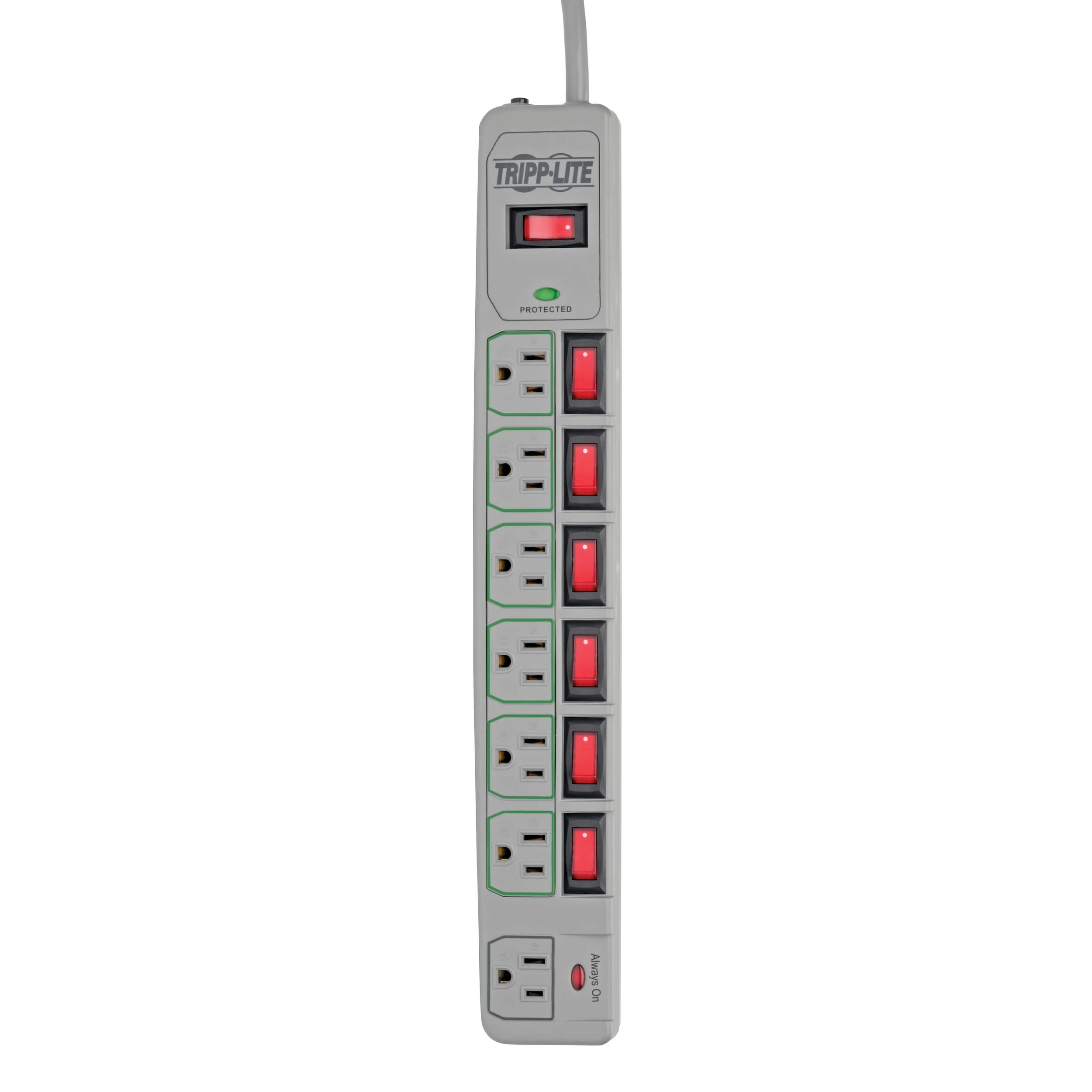 Tripp Lite TLP76MSG Surge Protector, 120 VAC, 15 A, 7-Outlet, 1080 J Energy, <1 ns Response, Gray - 4