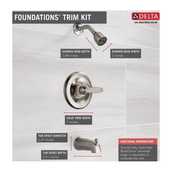 Delta 13 Series BT13410-SS Tub and Shower Trim, 1.75 gpm Showerhead, 1-Spray Setting, Diverter Tub Spout, 1-Handle - 4