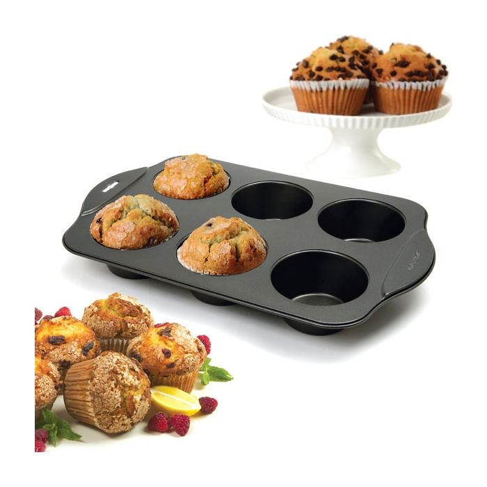 Norpro 3972 Non-Stick Giant Muffin Pan, Steel, 6-Compartment, Dishwasher Safe: Yes, 17 in L, 11 in W, 2 in H - 2