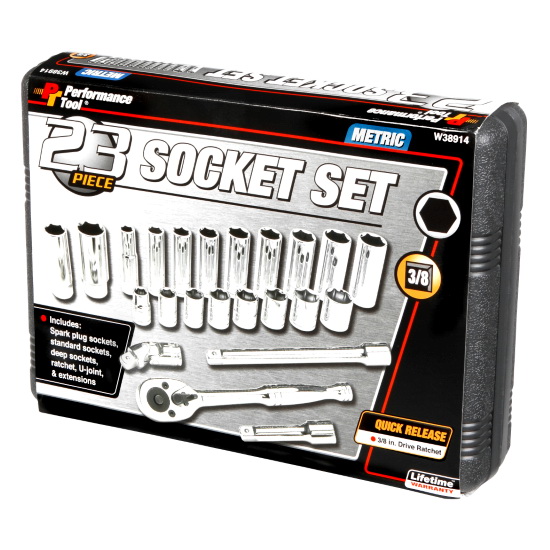 Performance Tool W38914 Series Socket Set, Chrome Vanadium Steel, Specifications: Measuring in Metric - 2