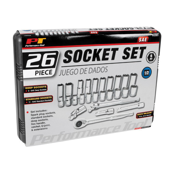 Performance Tool W32901 Series Socket Set, Chrome Vanadium Steel, Specifications: Measuring in SAE - 2