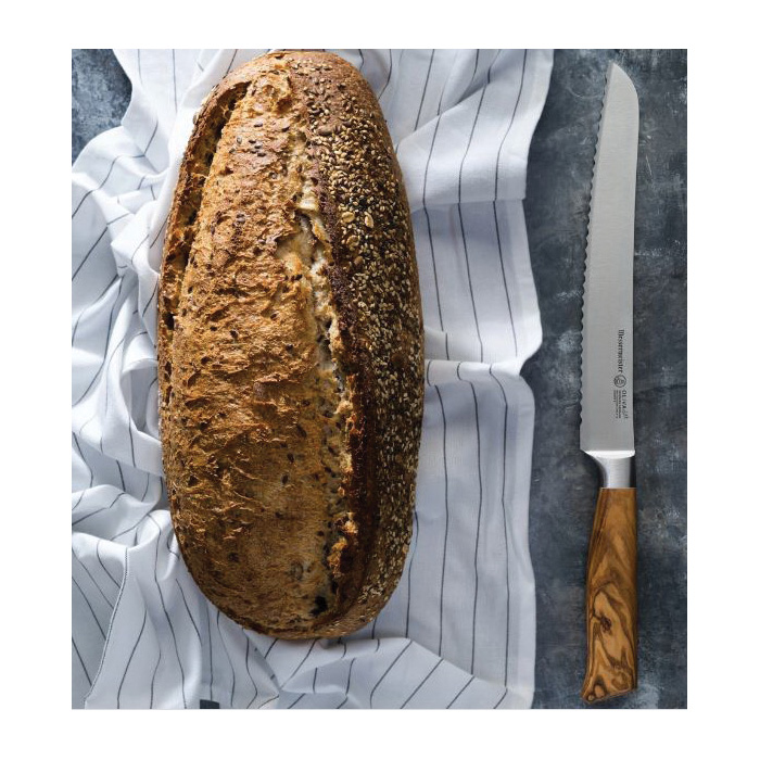 Messermeister Oliva Elite Series E/6699-9 Scalloped Bread Knife, 9 in L Blade, Carbon Blade, Olive Wood Handle - 3