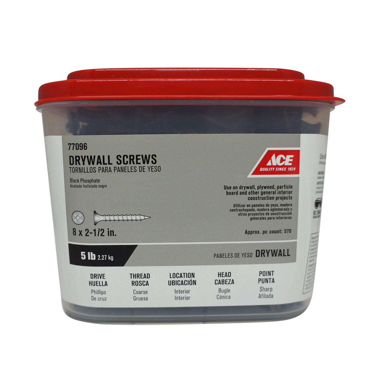 ACE 500222ACE Screw, #8 Thread, 2-1/2 in L, Coarse Thread, Bugle Head, Phillips Drive, Sharp Point, Steel, 560 PK - 2