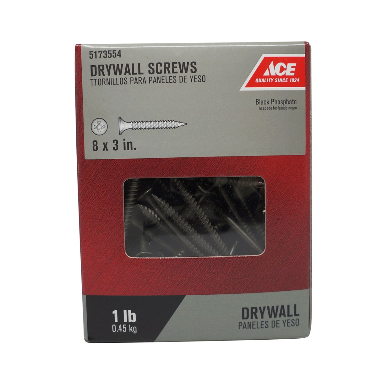 ACE 100124ACE Screw, #8 Thread, 3 in L, Fine Thread, Bugle Head, Phillips Drive, Steel, Black Phosphate, 94/PK - 2