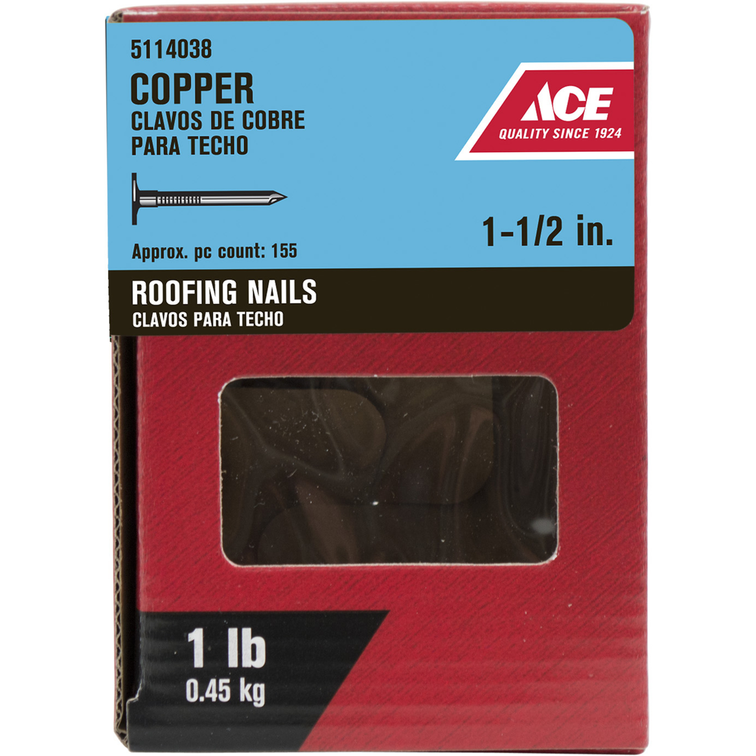 ACE 5114038 Roofing Nail, 1-1/2 in L, Large Head, Copper, Brown - 2