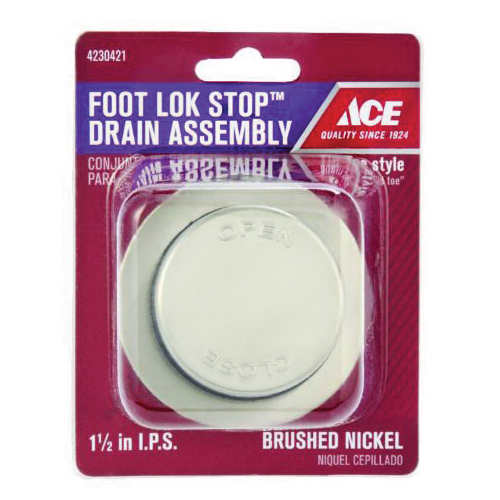 Foot Lok Stop ACE826-20BN Drain Assembly, Metal, Brushed Nickel, Specifications: 1-1/2 in IPS, Round - 2