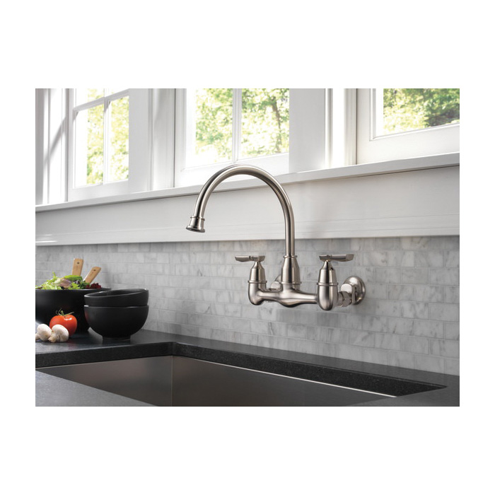 Delta Corin Series 22722LF-SS Two-Handle Kitchen Faucet, 1.8 gpm, 2-Faucet Hole, Metal, Stainless, Wall, High Arc Spout - 2