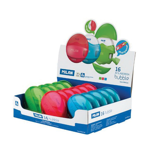 Milan 4704116 Sharpener Eraser Bubble, Steel Blade, Assorted - 3