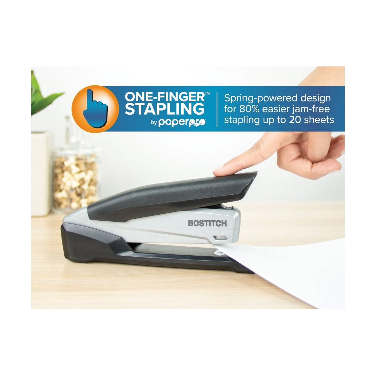 Paper Pro InPower 1100 Desktop Stapler, 20 Sheet, 210 Staple, Full Strip Staple, 4-1/2 in D Throat, Black/Gray - 2