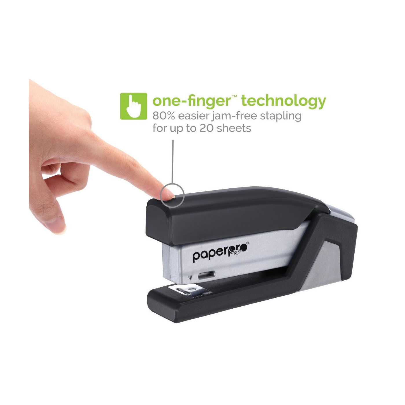 Paper Pro inJOY 1510 Compact Stapler, 20 Sheet, 105 Staple, Half Strip Staple, Black/Gray - 2