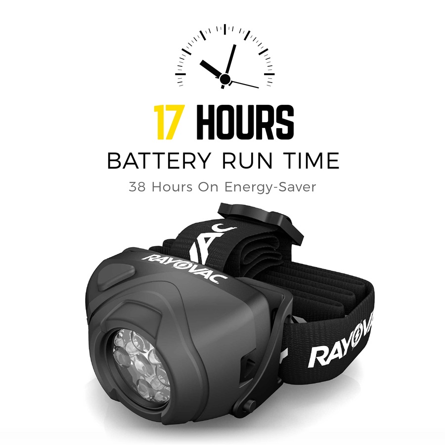 Rayovac DIYHL3AAA-BTA Headlight, AAA Battery, Alkaline Battery, LED Lamp, 50 to 21, 30 m Beam Distance, 17 hr Run Time - 3