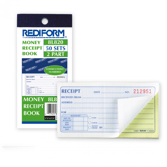 Rediform 8L820 Money Receipt Book, Carbonless, Paper, White/Yellow - 2