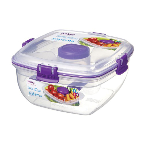 Sistema TO GO 21356 Salad Storage Container, 37.2 oz Capacity, Plastic, Assorted, 6.57 in L, 6.57 in W, 3.39 in H - 3