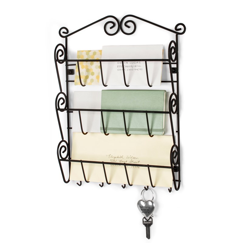 Spectrum 43310 Letter Holder and Key Rack, 5-Hook, Steel, Black, 11-1/4 in W, 14-1/2 in H, 2-1/4 in L - 3