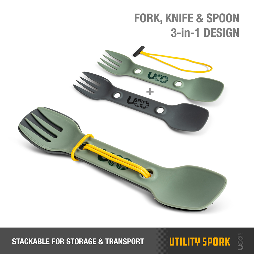 UCO Gear F-SP-UT-2PK Utility Spork with Tether, Nylon, Charcoal/Green - 2
