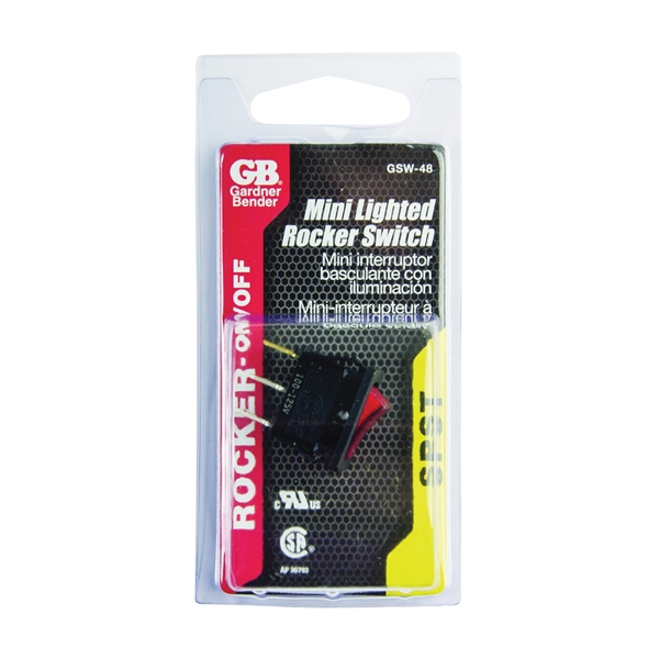 Gardner Bender GSW GSW-48 Rocker Switch, 10/13 A, 125/250 V, SPST, 0.52 x 0.77 in Panel Cutout, Nylon Housing Material, Black - 3
