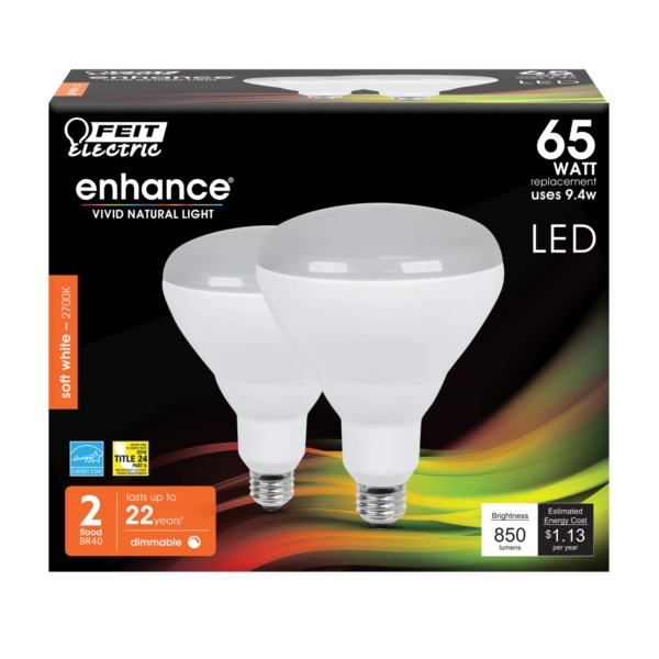 Feit Electric BR40DM/927CA/2 LED Bulb, 120 V, 850 Lumens, 9.4 W, BR40 Lamp, 65 W Equivalent, E26 Lamp Base, 2/PK - 2