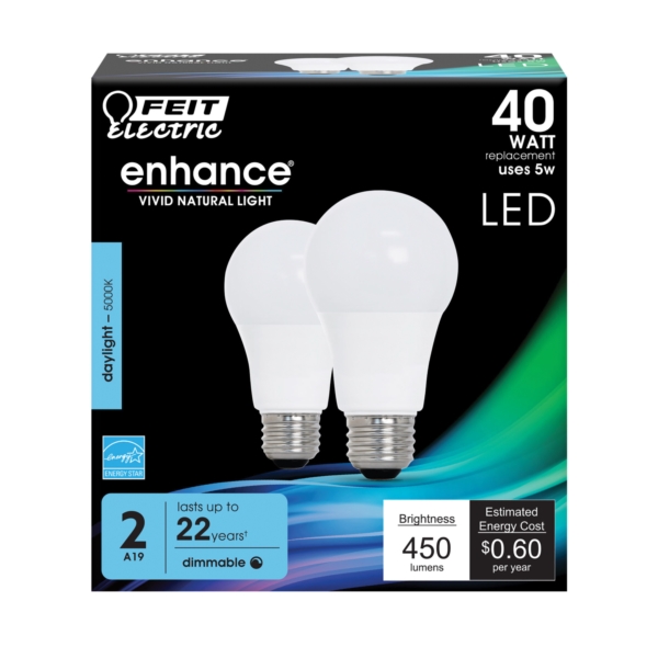 Feit Electric OM40DM/950CA/2 LED Bulb, General Purpose, 450 Lumens, 5 W, A19 Lamp, 40 W Equivalent, E26 Lamp Base, 2/PK - 2