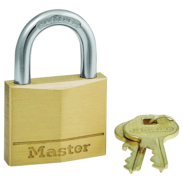 Master Lock 140D Padlock, 1-9/16 in W Body, Keyed Different Key, 1/4 in Dia Shackle, Steel Shackle, Brass Body, Gold - 2