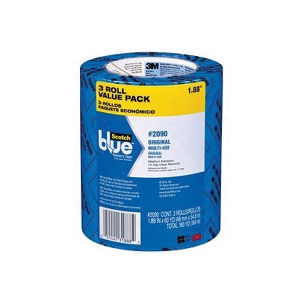 ScotchBlue 2090-48EVP Painter's Tape, Original Multi-Surface, 60 yd L, 1.88 in W, Crepe Paper Backing, Blue, 3/PK