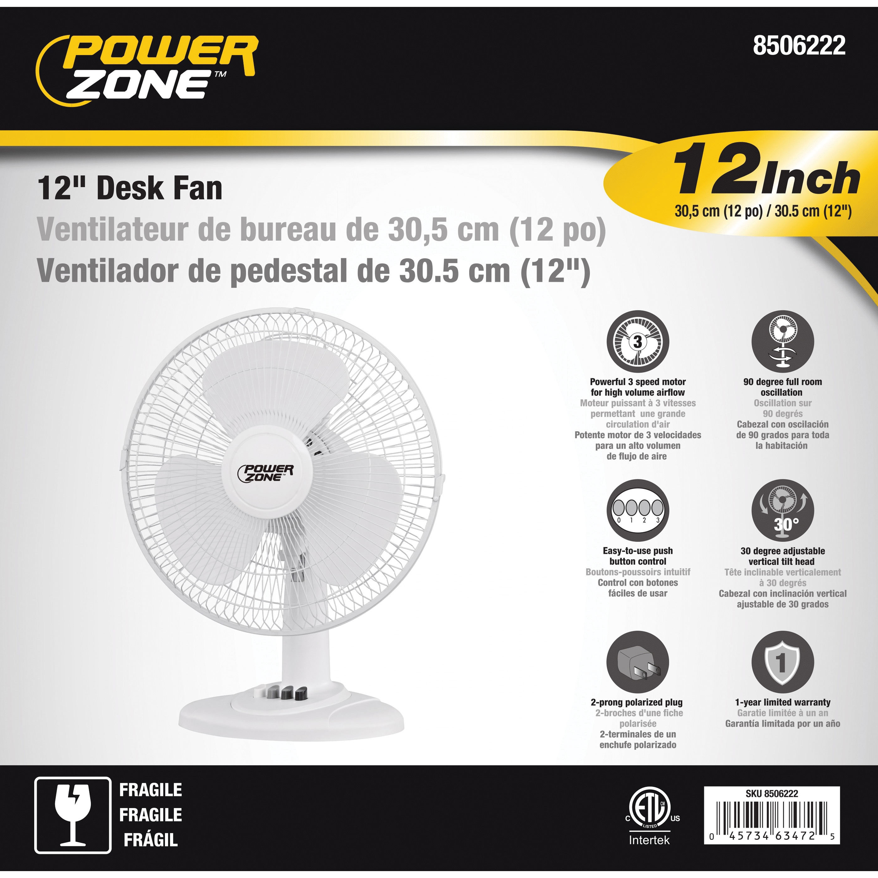 PowerZone FT-30 Oscillating Table Fan, 120 V, 12 in Dia Blade, 3-Blade, 3-Speed, 882 cfm Air, 72 in L Cord, White - 2
