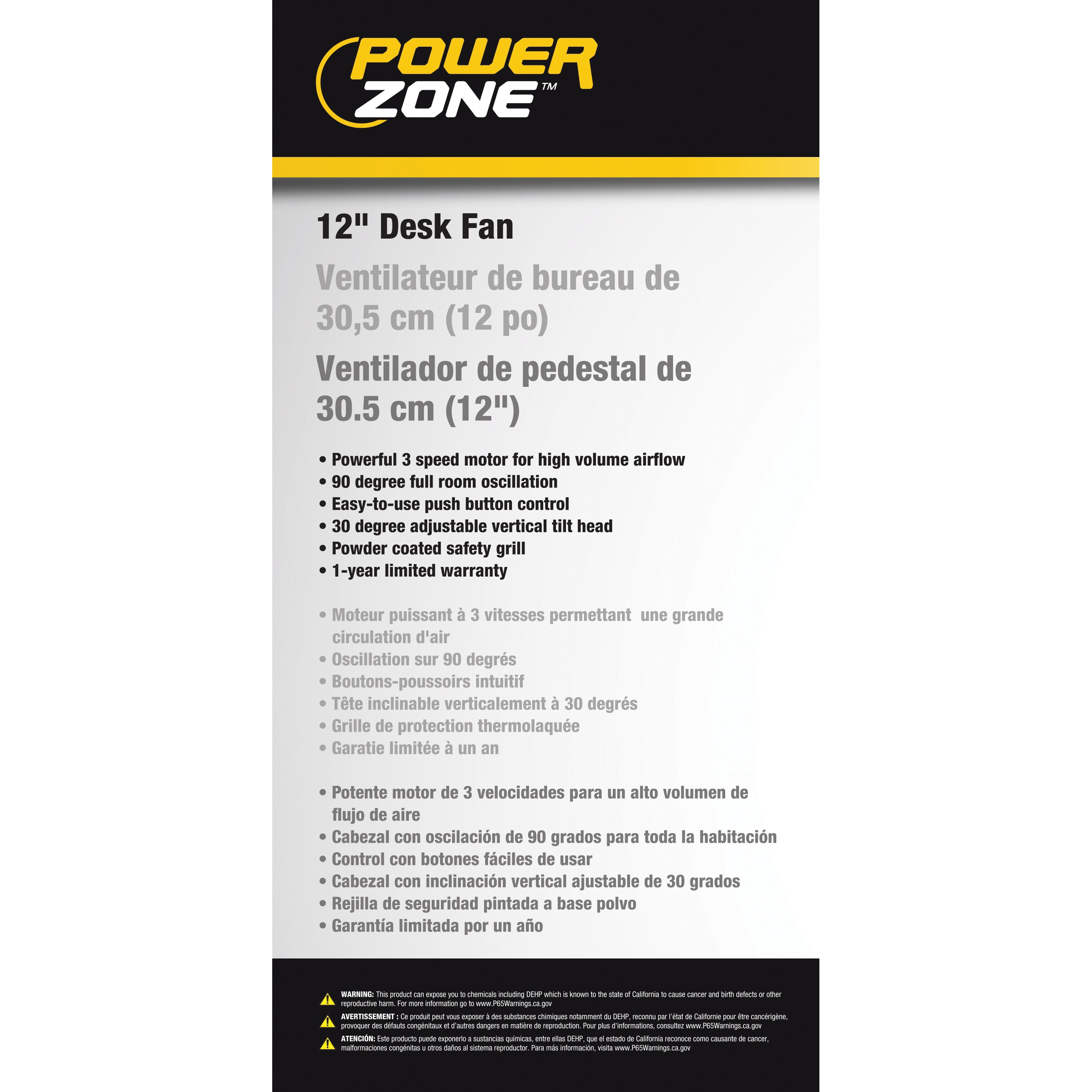 PowerZone FT-30 Oscillating Table Fan, 120 V, 12 in Dia Blade, 3-Blade, 3-Speed, 882 cfm Air, 72 in L Cord, White - 4