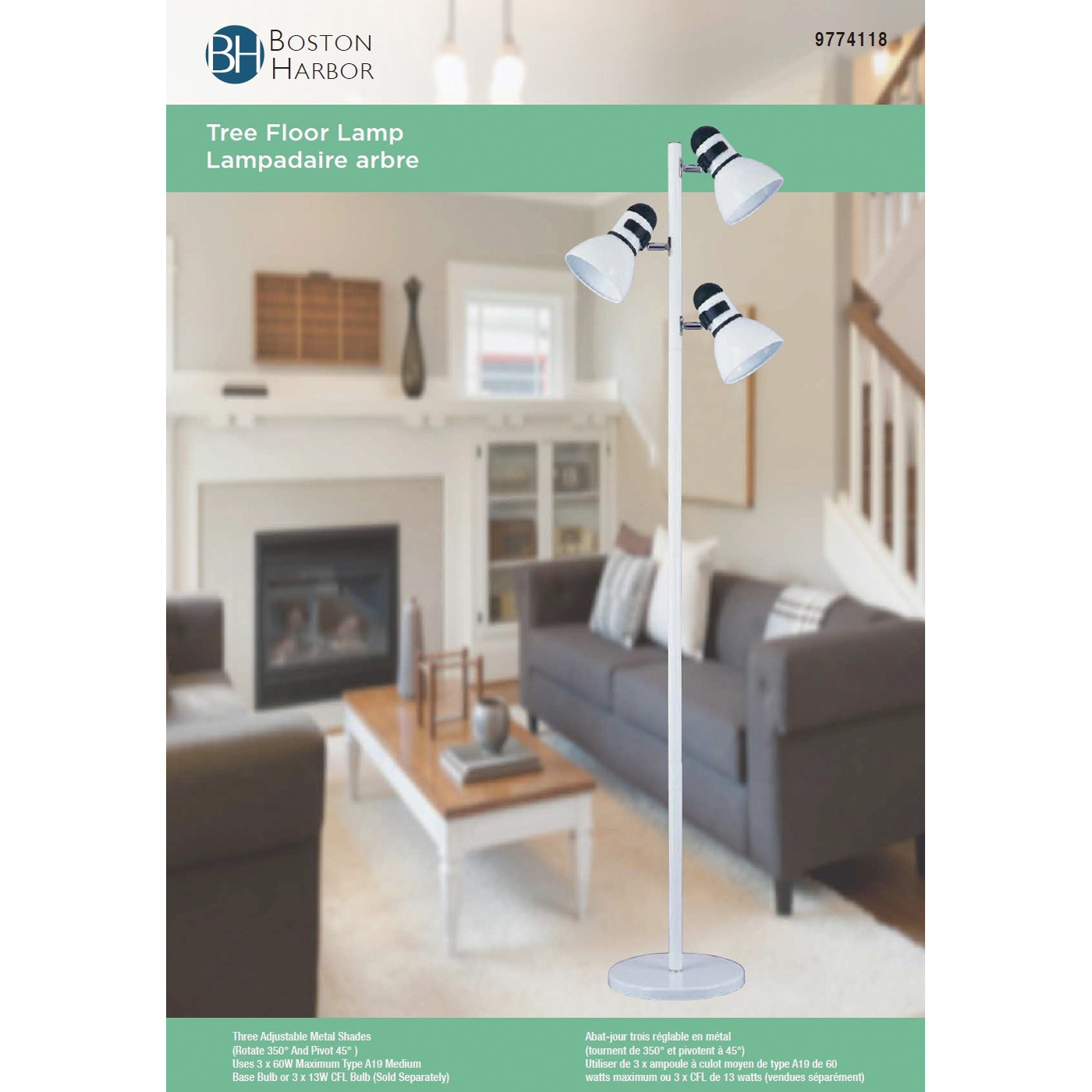 Boston Harbor TL-TREE-134-WH Tree Lamp, 120 V, 180 W, 3-Lamp, Incandescent Lamp, Metal, White Finish - 3