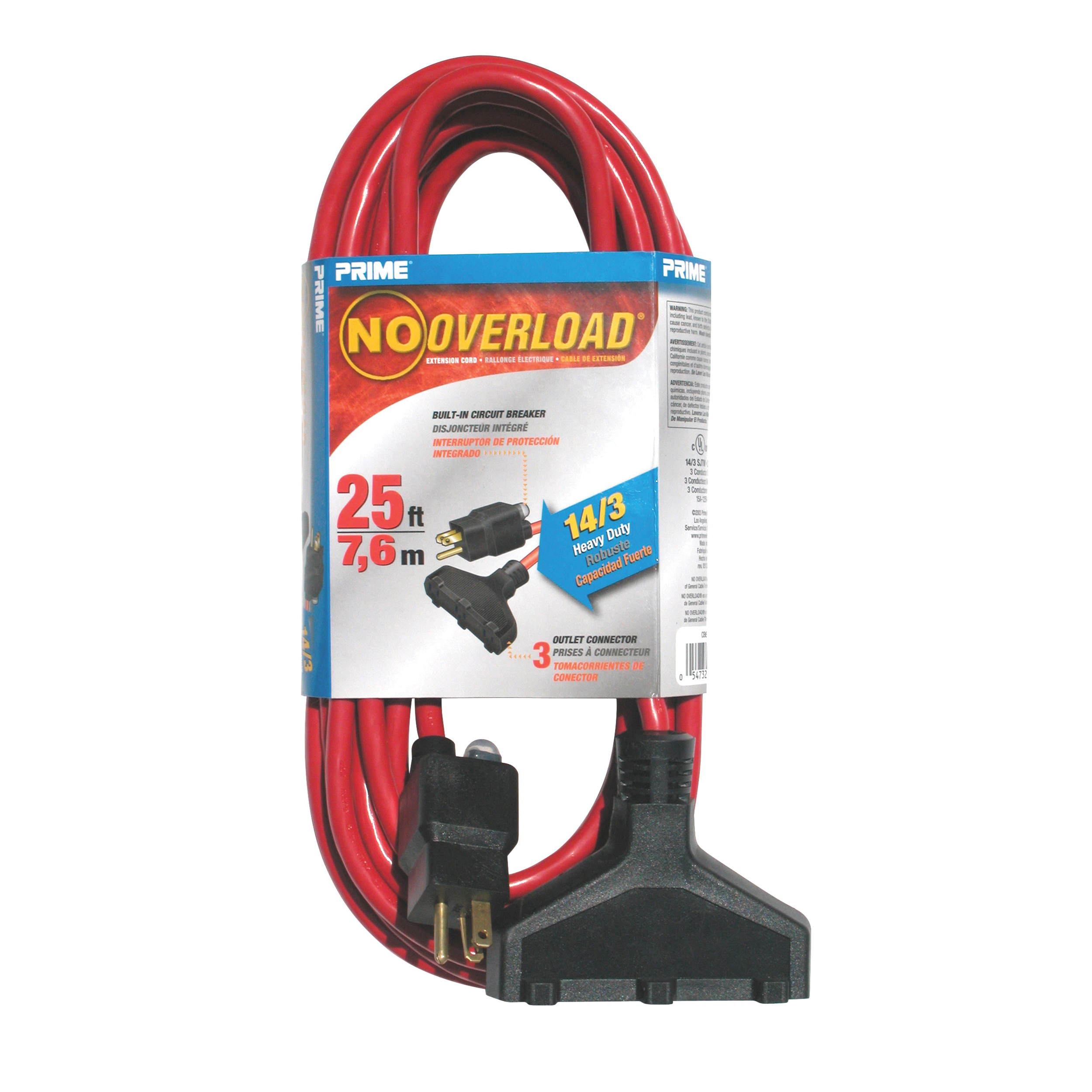 Prime CB614725 Extension Cord, 25 ft L, 15 A, 125 V, Red - 1