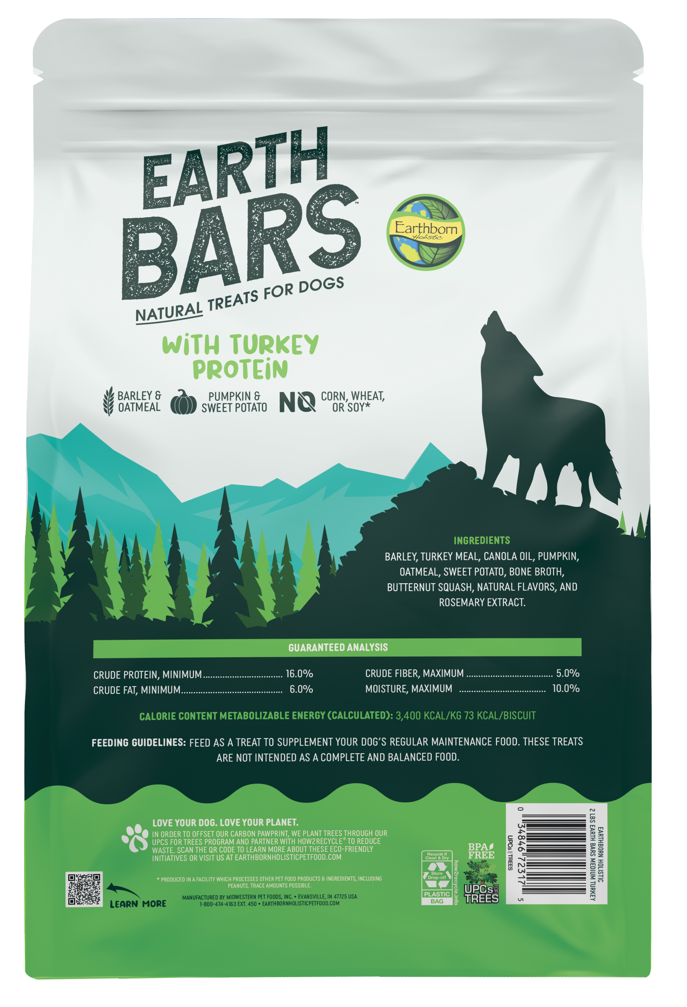Earthborn Holistic 1610012 Dog Treat, M, Bar, Turkey, 2 lb - 2