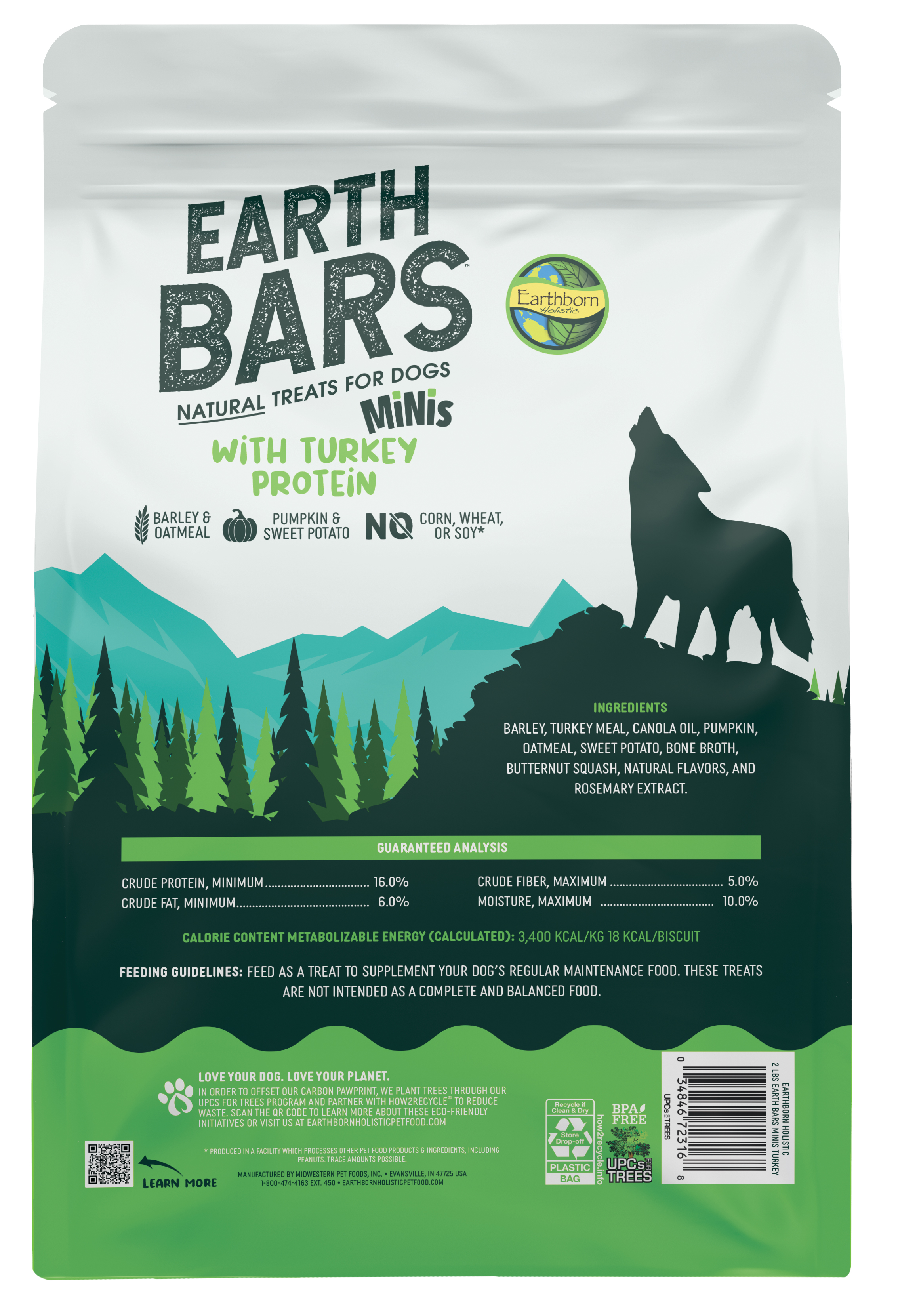 Earthborn Holistic 1610011 Dog Treat, Bar, Turkey, 2 lb - 2